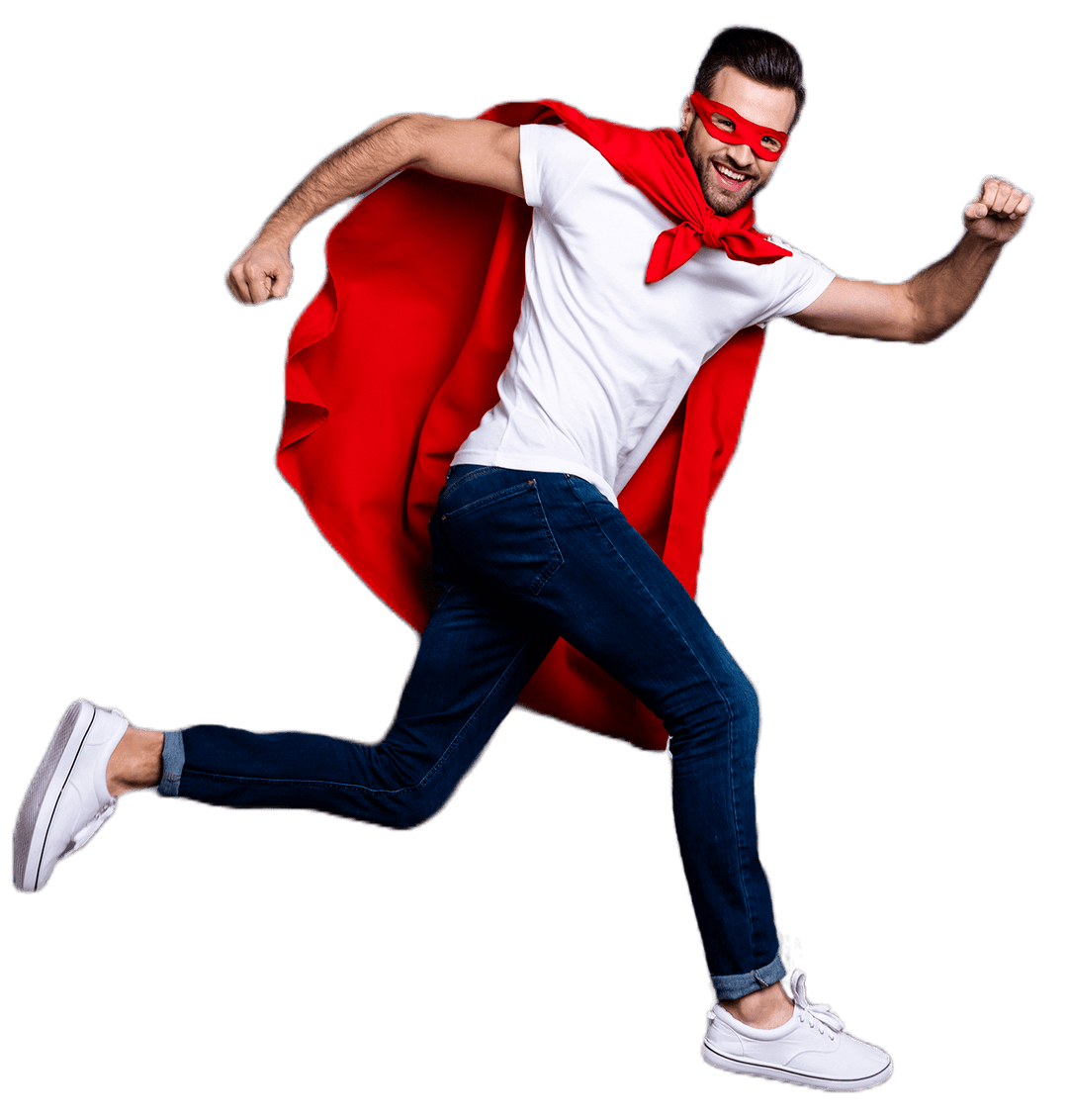 Zu sehen ist ein junger Mann, der ein Superheldencape und eine zugehörige rote Maske trägt. Er läuft