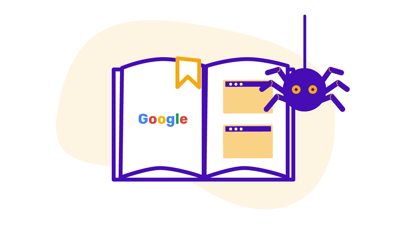 Eine Spinne als Google Bot über einem Buch mit dem Google-Logo und Webseiten