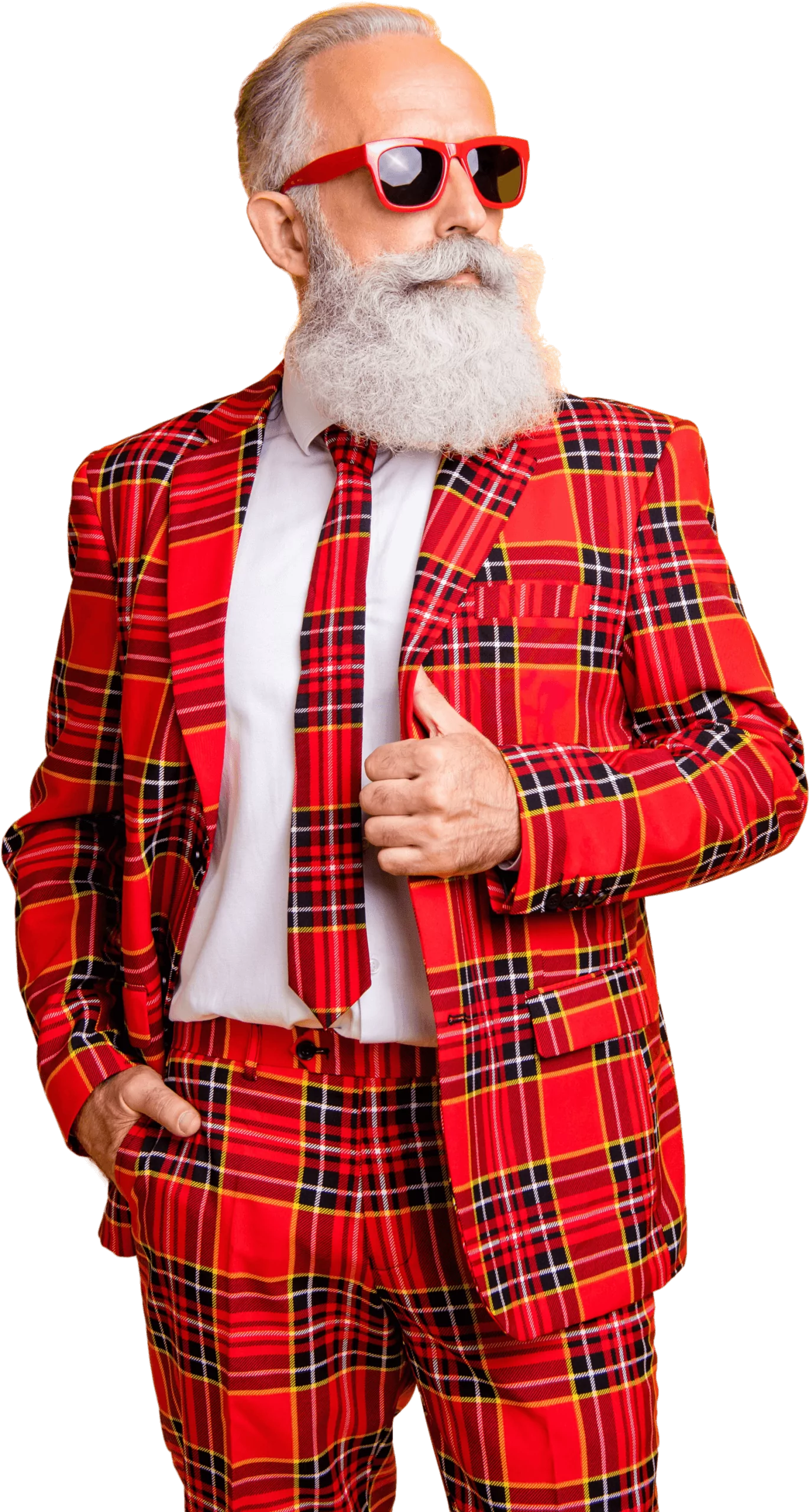 Zu sehen ist ein cooler älterer Herr in einem rot-kariertem Anzug der lässig posiert 