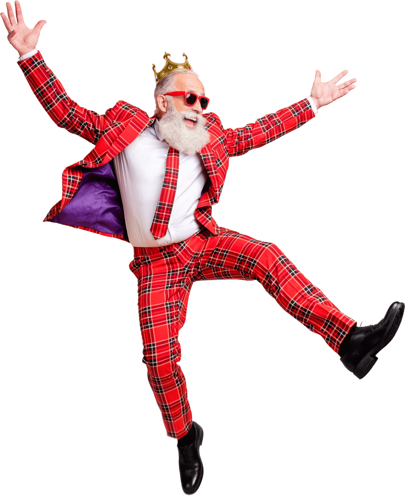 Ein älterer Herr im rot-karrierten Anzug, mit Krone und Sonnenbrille hüpft vor Freude