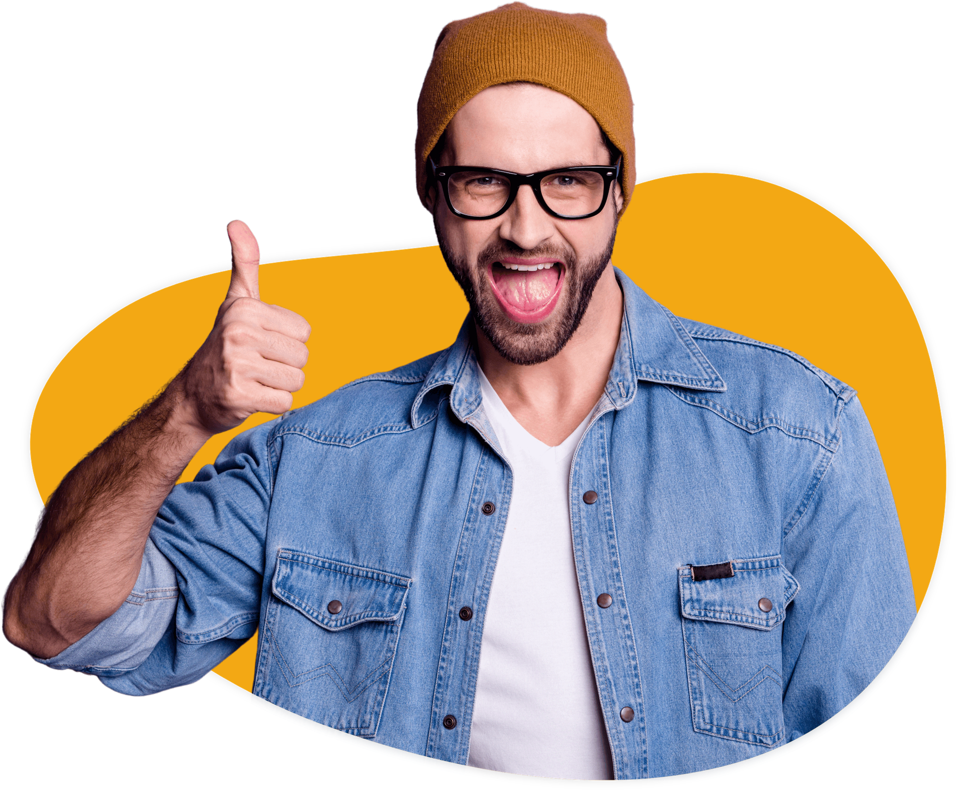 Ein junger Mann mit Brille und Mütze zeigt den Daumen nach oben und freut sich. Er steht in einer gelben Blase