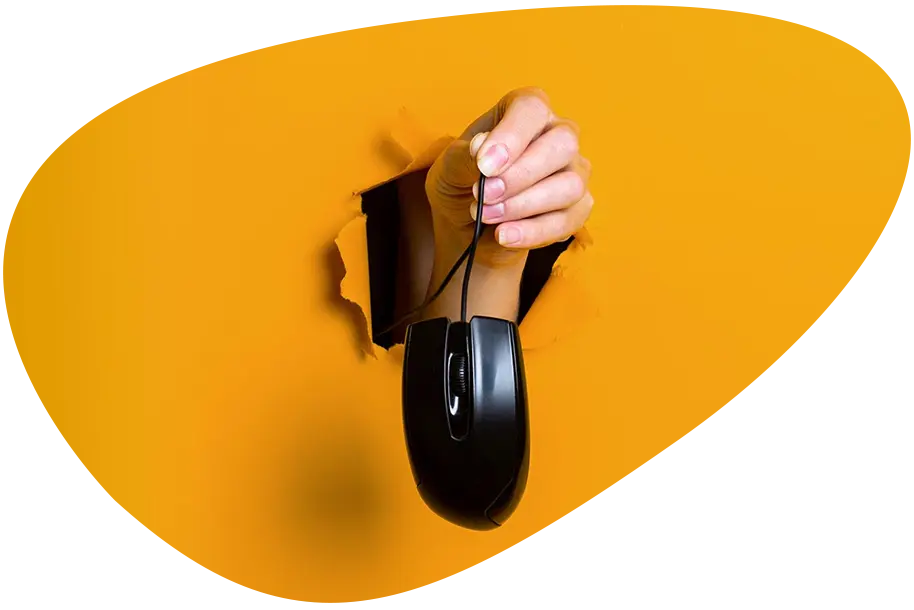 Zu sehen ist eine rechte Hand, die eine PC-Maus hält und durch einen gelben Vordergrund stößt
