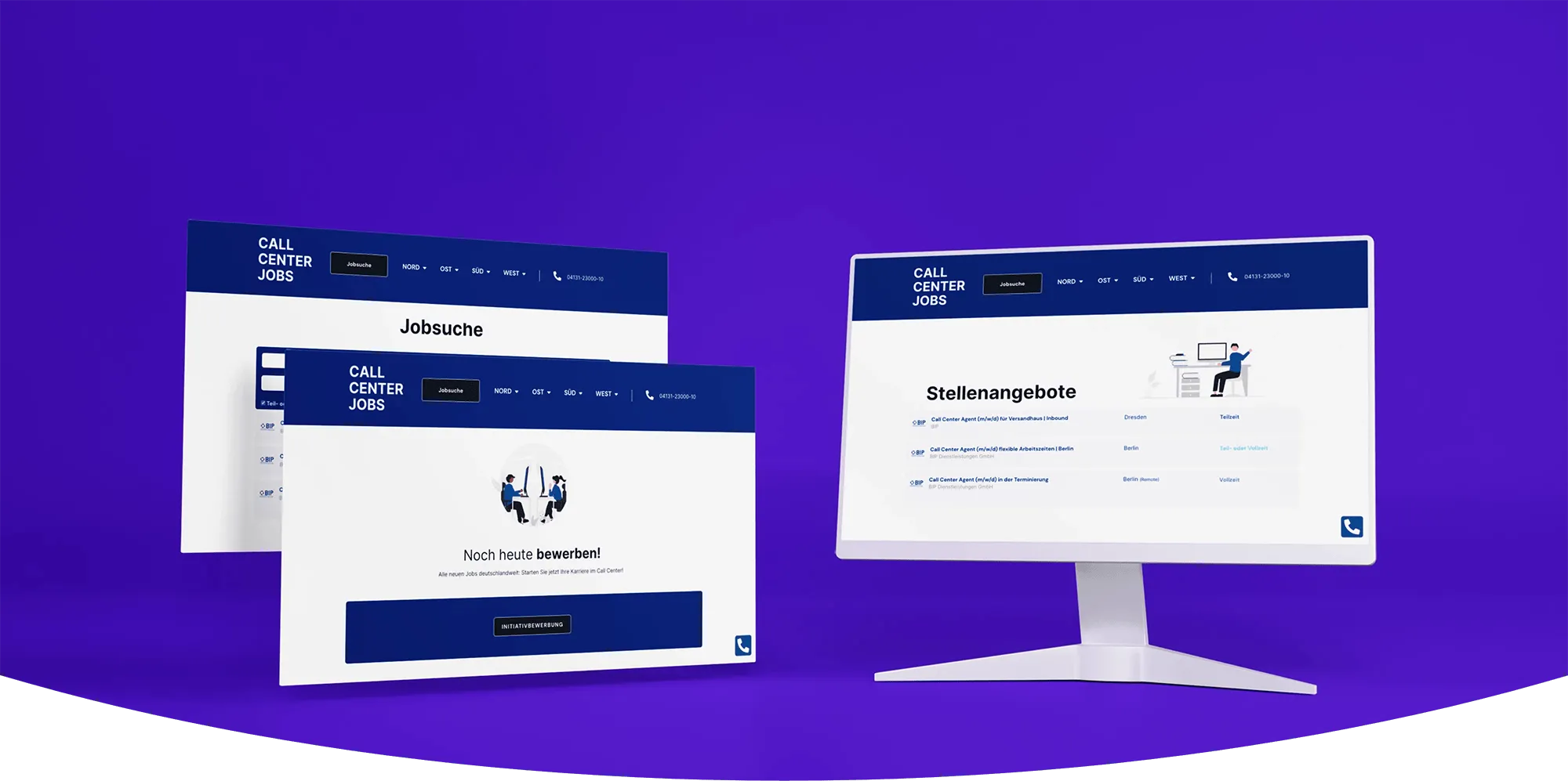 Zu sehen sind mehrere Ausschnitte der Website Call Center Jobs