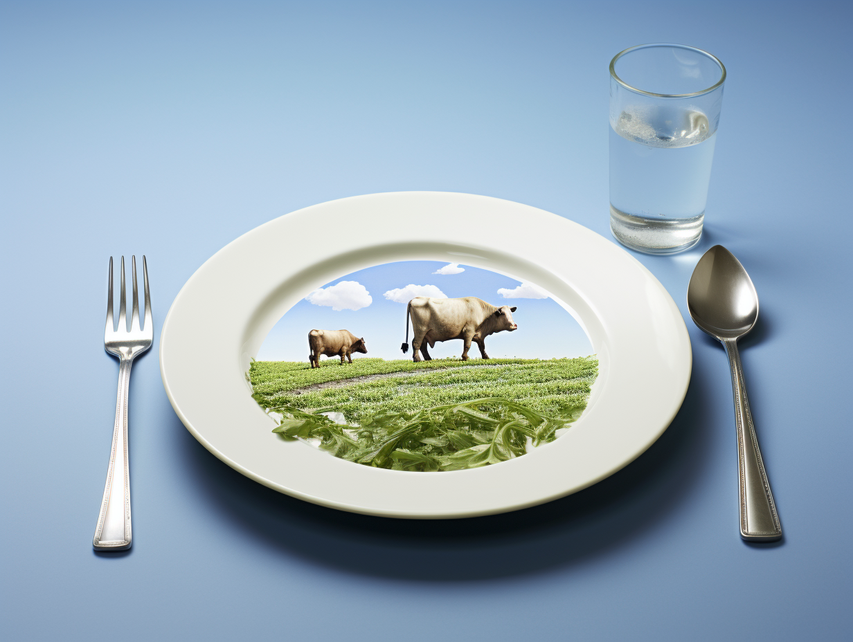 KI-generiertes Bild eines Tellers, auf dem statt Essen eine grüne Wiese mit zwei Kühen und blauem Himmel zu sehen ist. Der Teller steht auf einem Tisch mit Messer, Gabel, Löffel und einem Glas Wasser – eine surreale Darstellung des Zusammenhangs zwischen Ernährung, Natur und Tierhaltung.