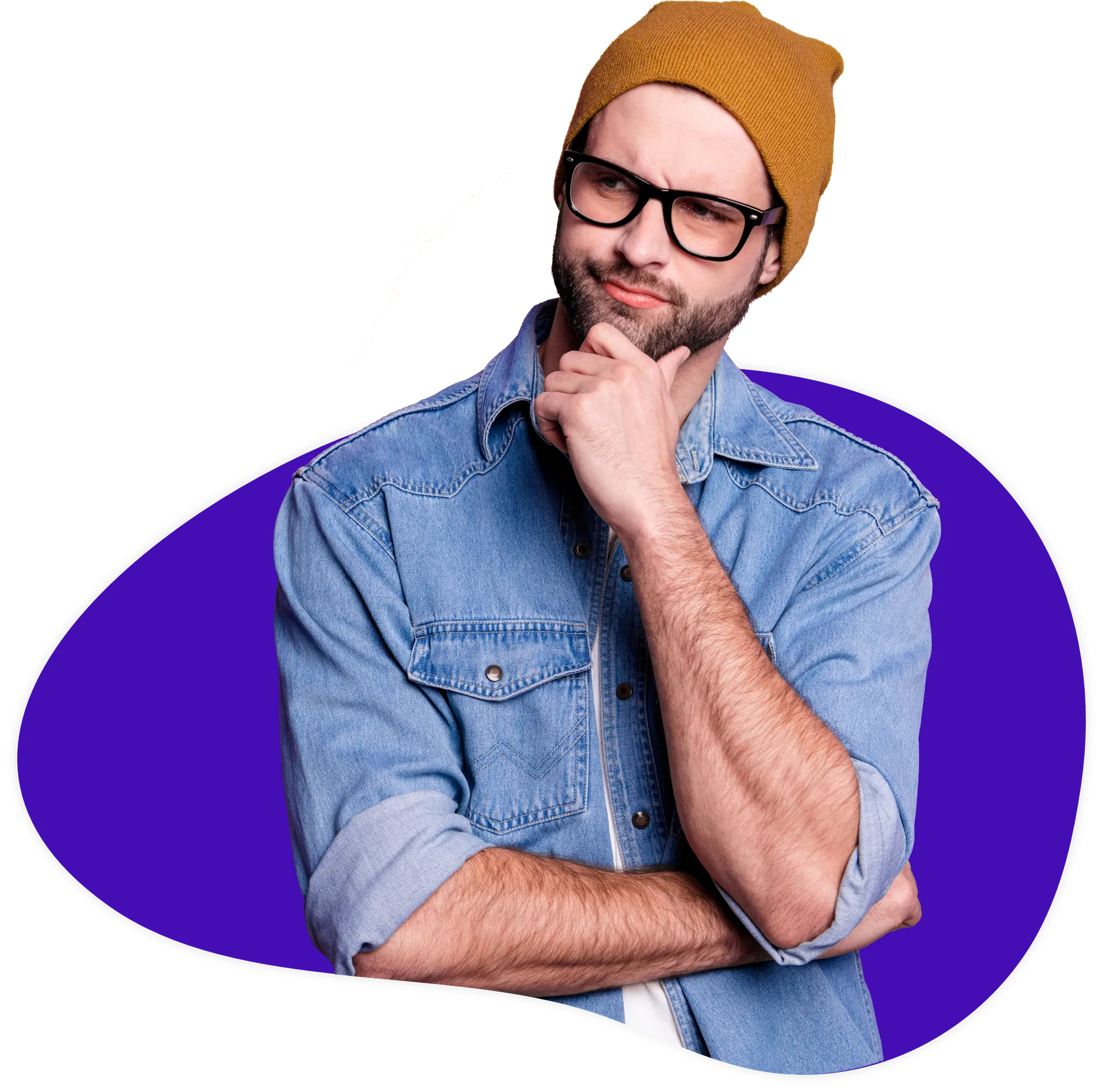 Ein junger Mann mit Brille und Mütze hält sich überlegend die Hand ins Gesicht. Er steht in einer lila Blase