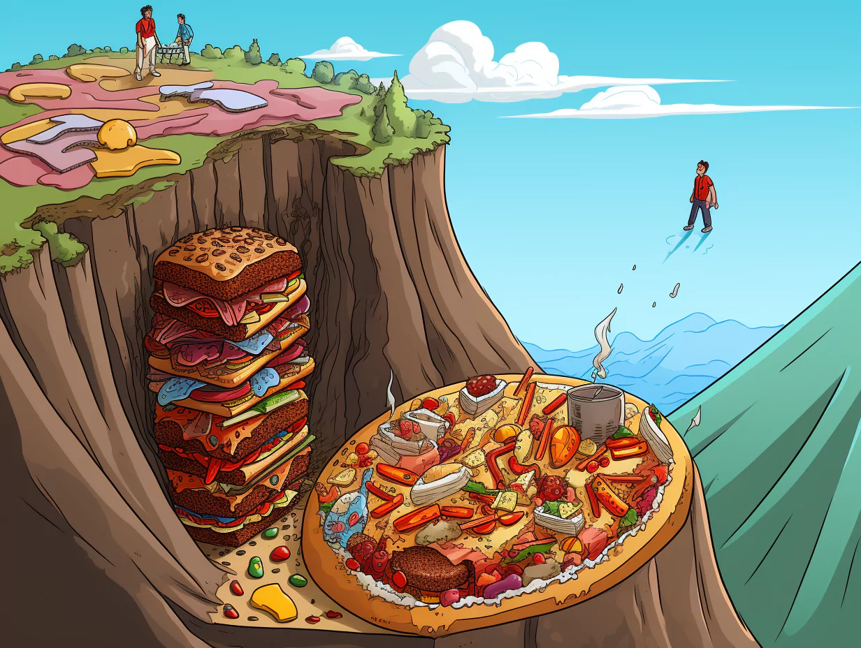 Surrealistische Landschaft aus riesigen Sandwiches, einer Pizza-Schlucht und schwebenden Menschen in einer Cartoon-Welt