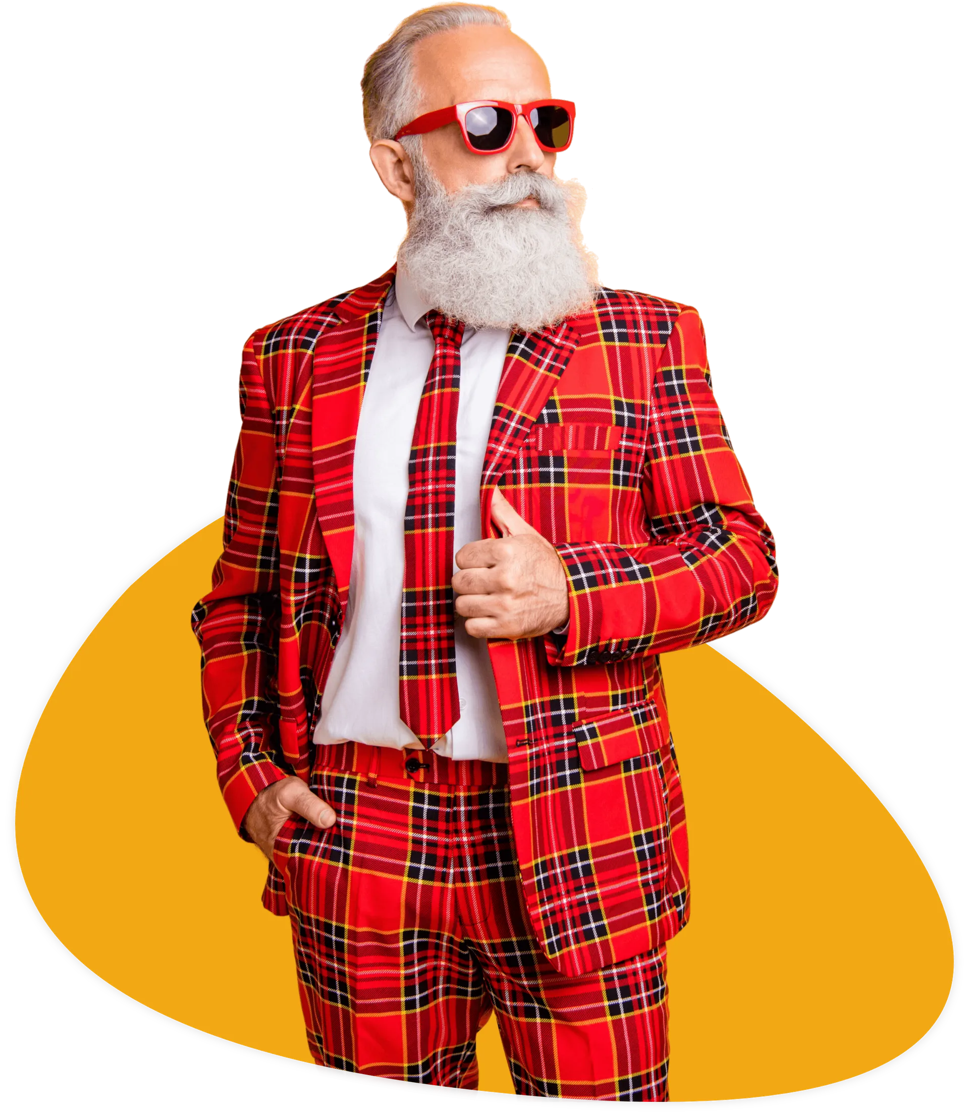 Ein älterer Herr mit Bart und Sonnenbrille zeigt den Daumen nach oben. Er steht in einer gelben Blase