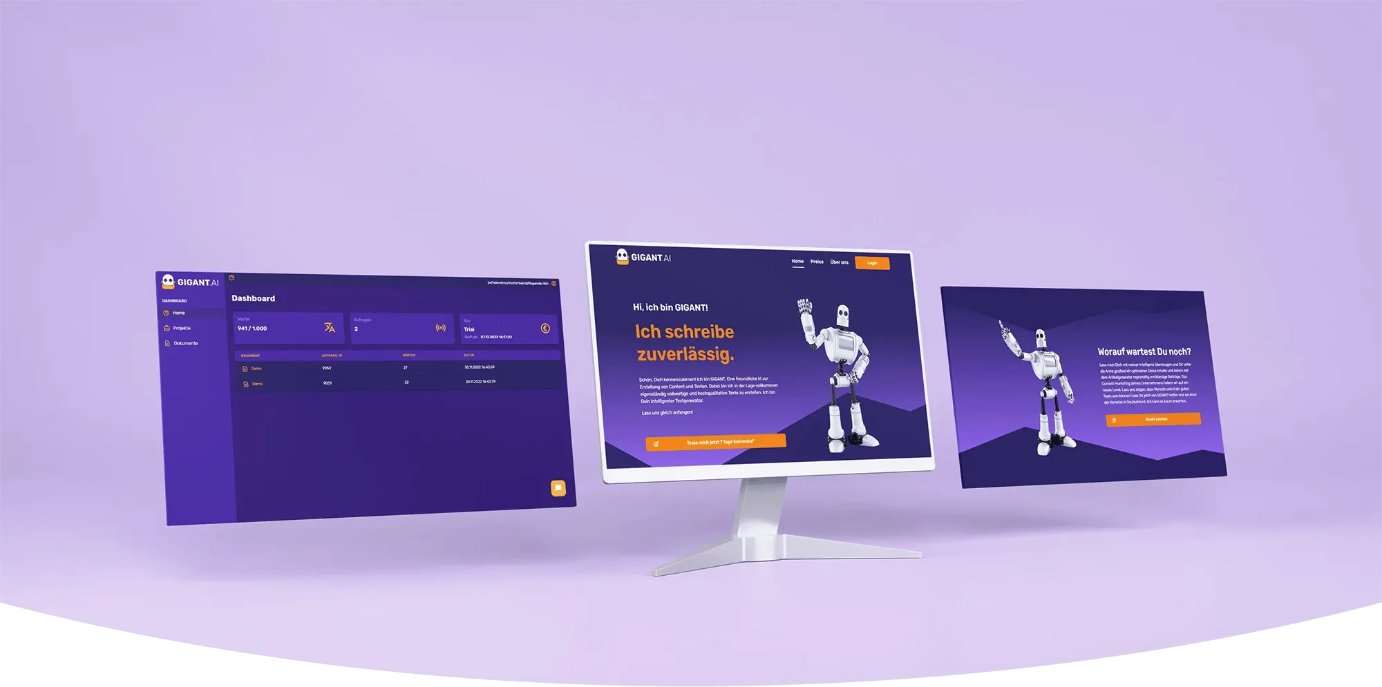 Zu sehen ist eine Übersicht auf drei Monitoren von der App GIGANT.AI
