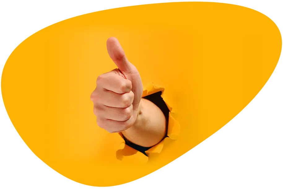 Zu sehen ist eine Hand, die durch eine Wand kommt und den Daumen hoch zeigt